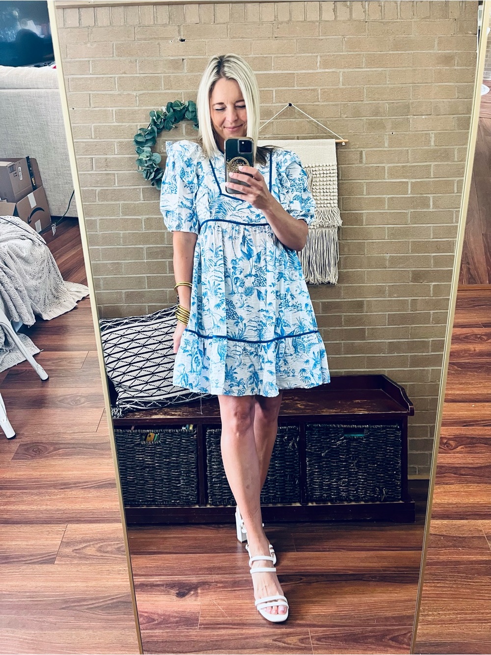 Umgee Blue and White Printed Puff-Sleeve Dress with Ruffle Hem